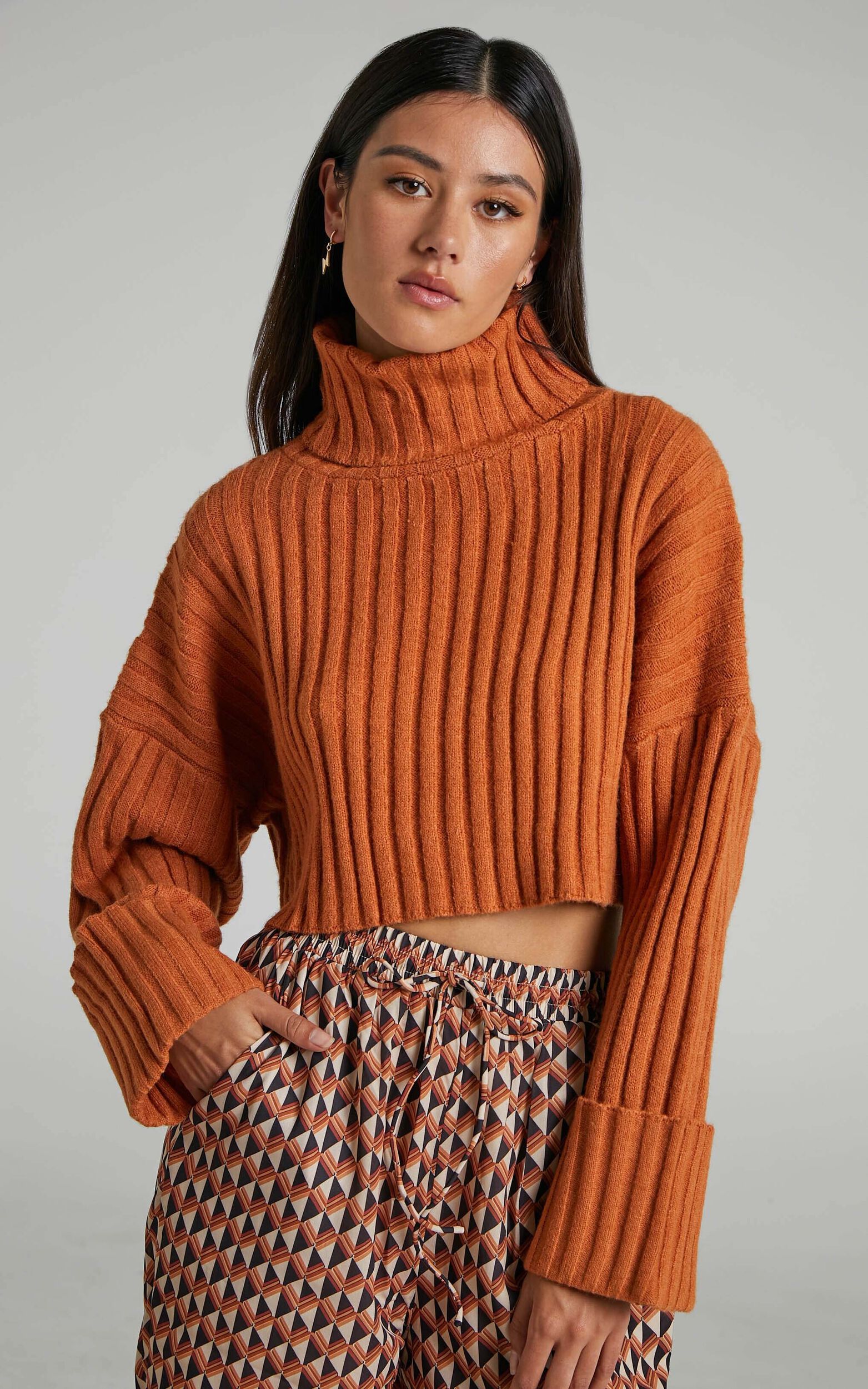 Eilika Cropped Roll Neck Knit Jumper in Tan - 04, BRN1