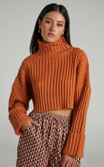 Eilika Cropped Roll Neck Knit Jumper in Tan