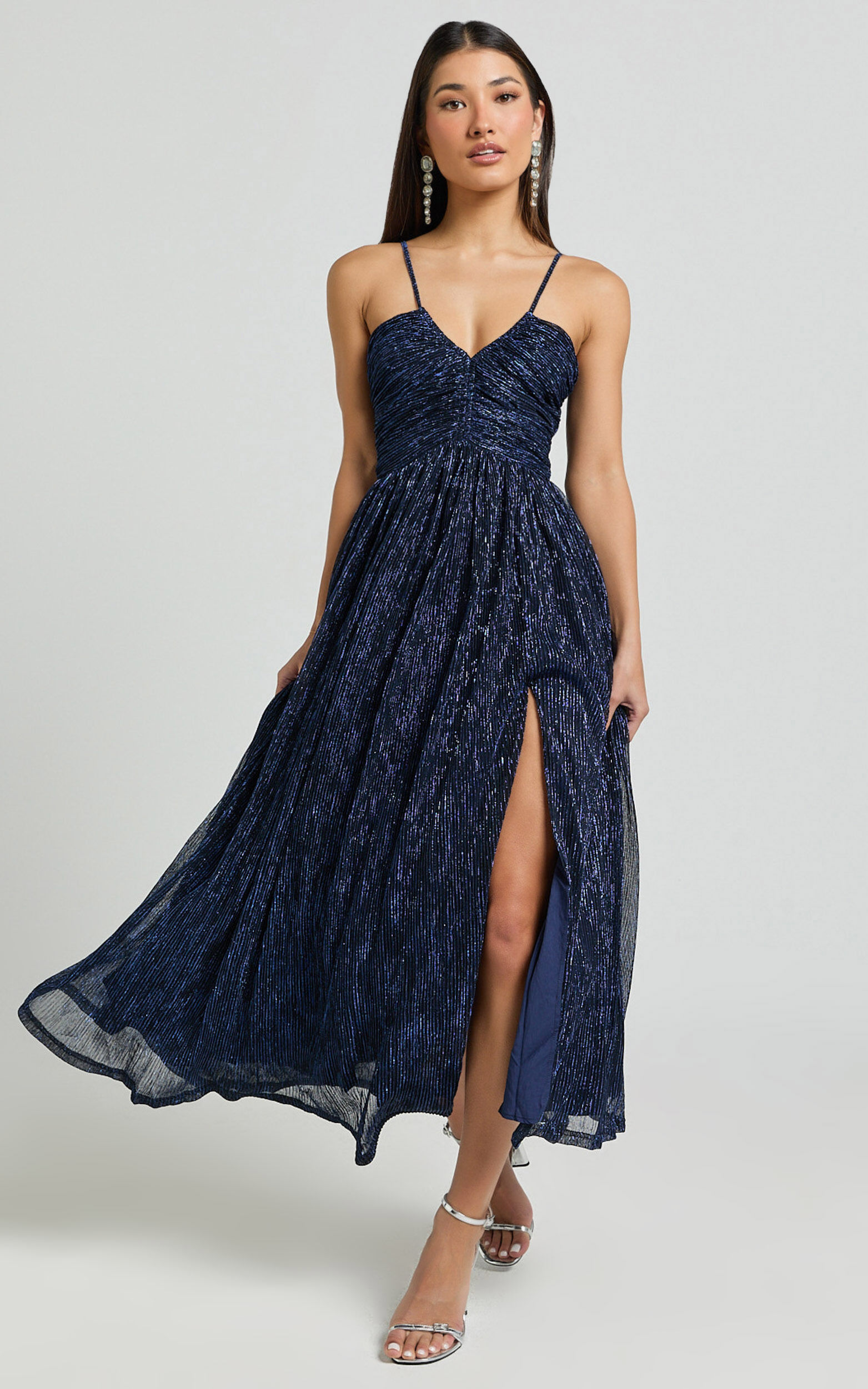 Sara Midi Dress - Ruched Bodice Lurex Dress in Navy - 04, NVY1