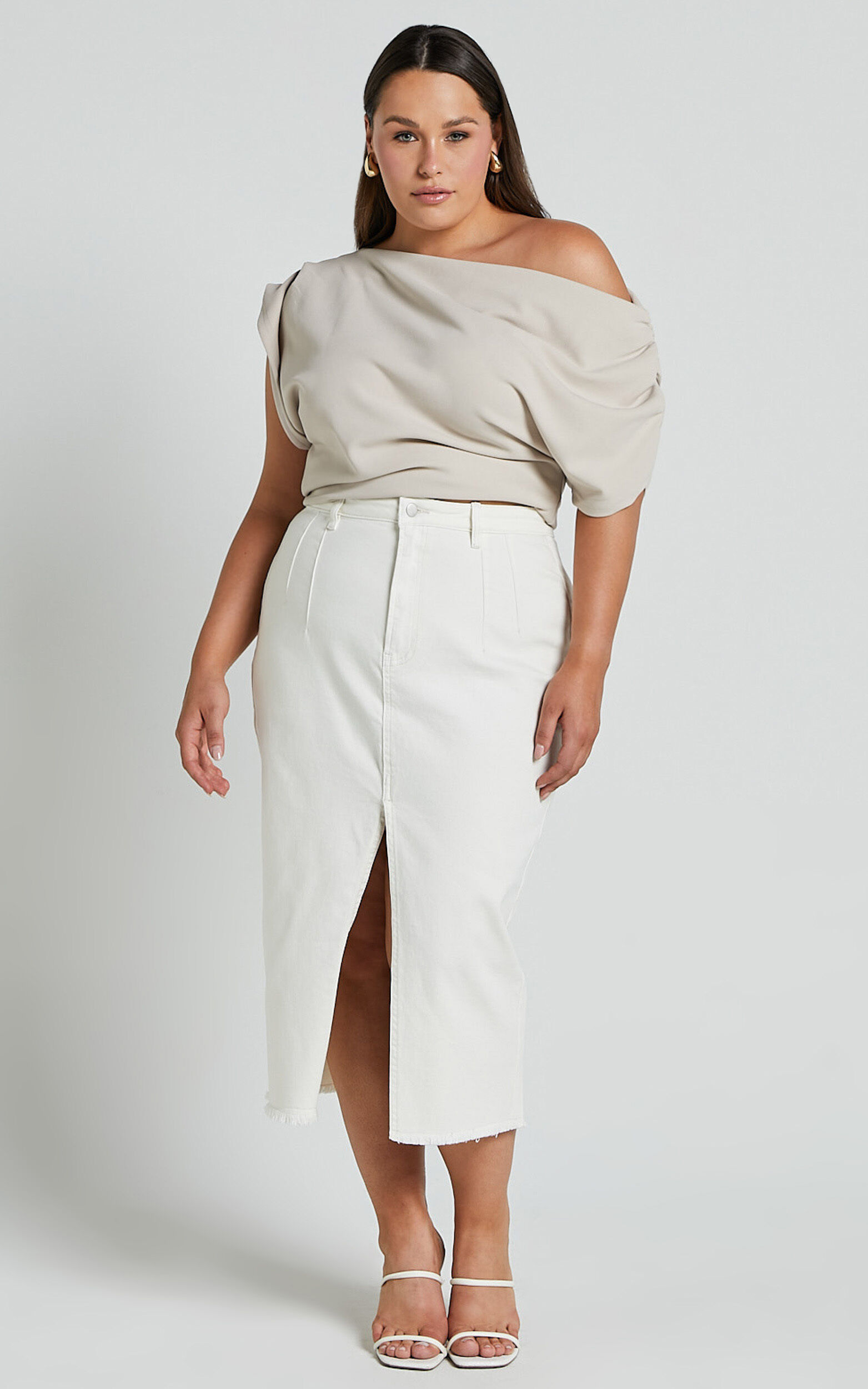 Janeve Midi Skirt - Front Split Denim Skirt in Ecru | Showpo USA