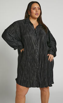 Beca Mini Dress - Crinkle Button Up Shirt Dress in Black