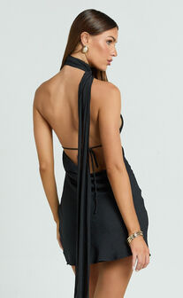 Maddox Mini Dress - Scarf Neck Low Tie Back Slip Dress in Black