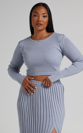 Isador Top -  Button Detail Knit Top in Steel Blue