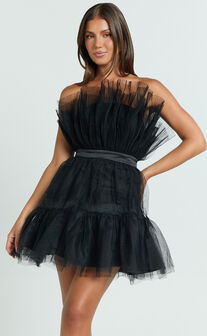 Amalya Mini Dress - Tiered Tulle Fit and Flare Dress in Black
