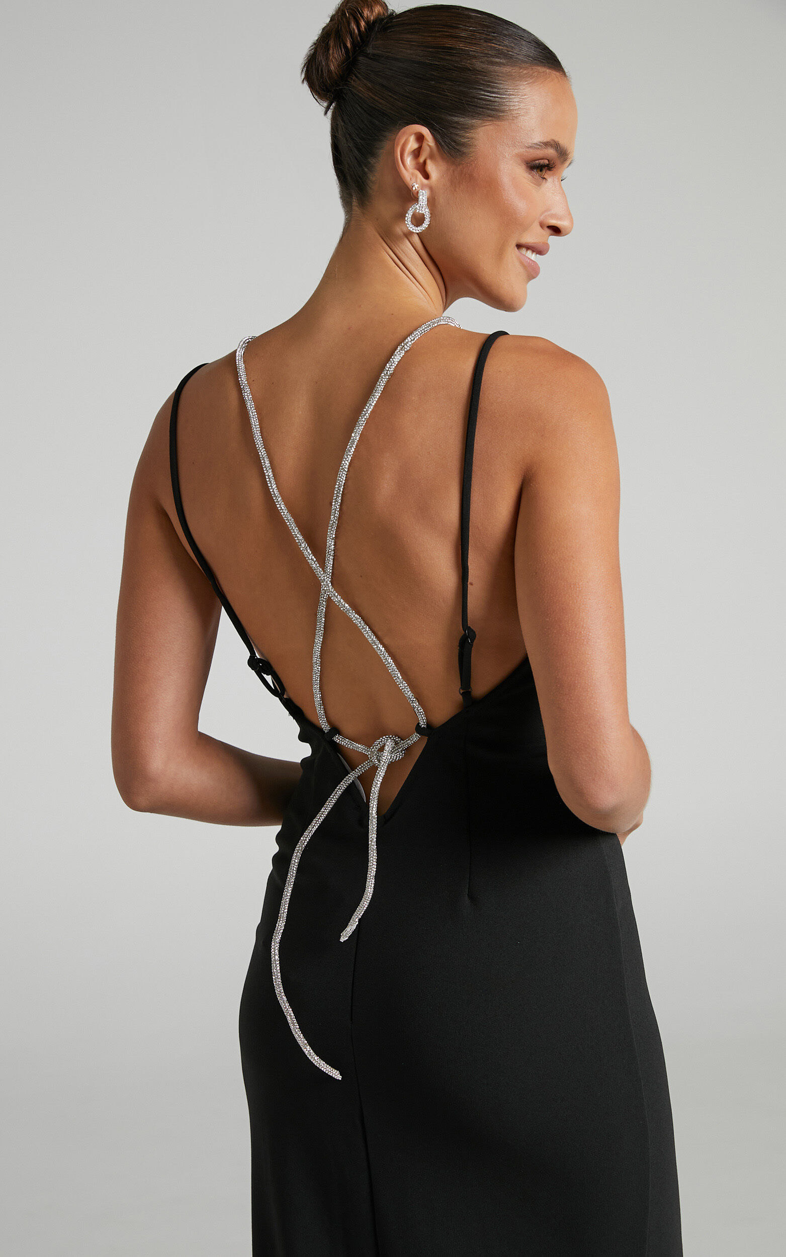 Charity Midi Dress Diamante Strap Detail Plunge Dress in Black