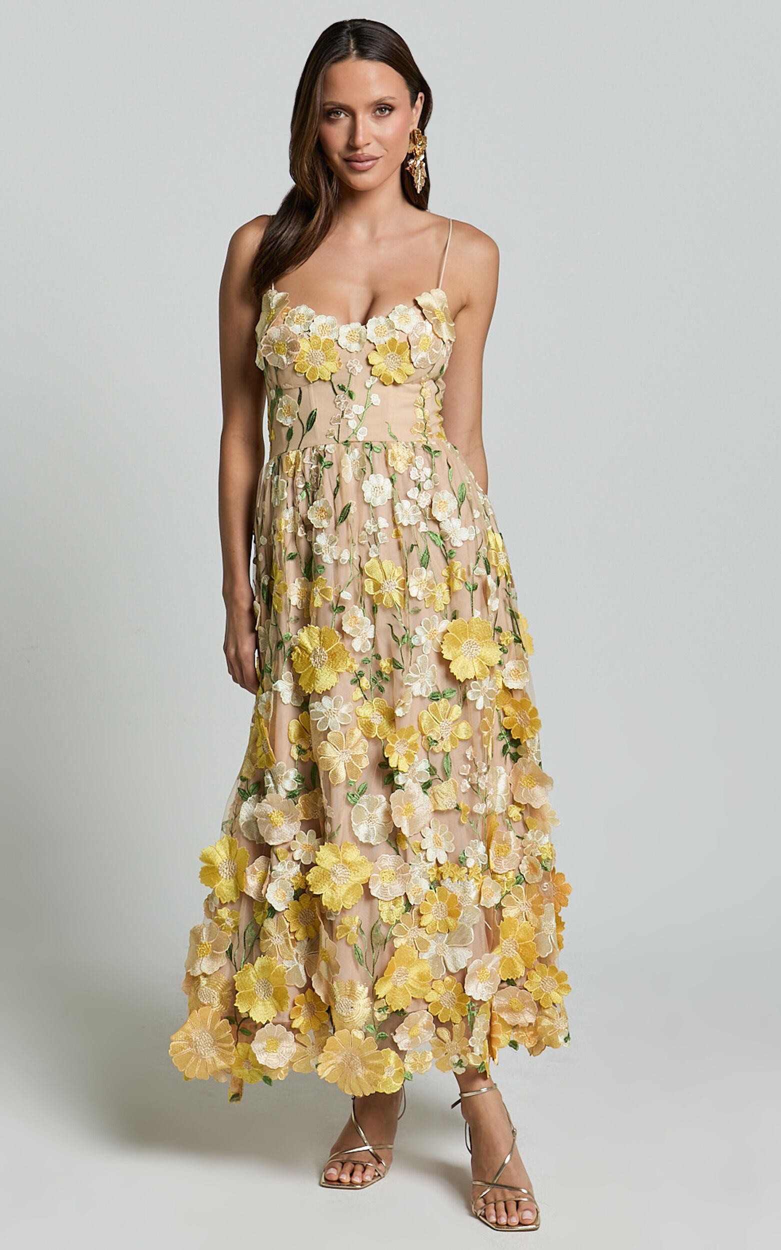 Flower applique mesh panel flare midi dress clearance