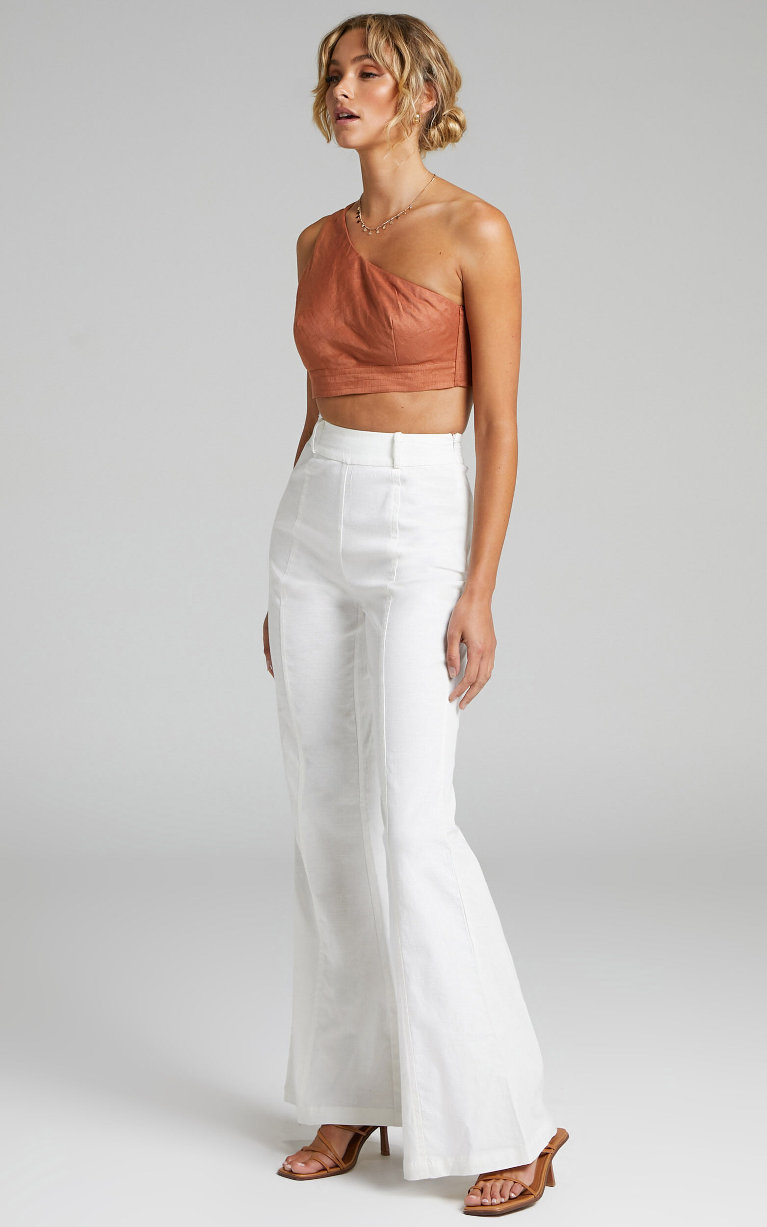 White Woven High Waisted Flare Pants