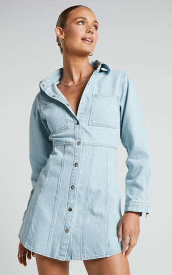 Emery Mini Dress - Denim Long Sleeve Button Up Dress in Light Wash