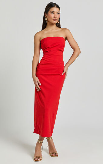 Calanthe Midi Dress - Strapless Tuck Detail Dress in Red