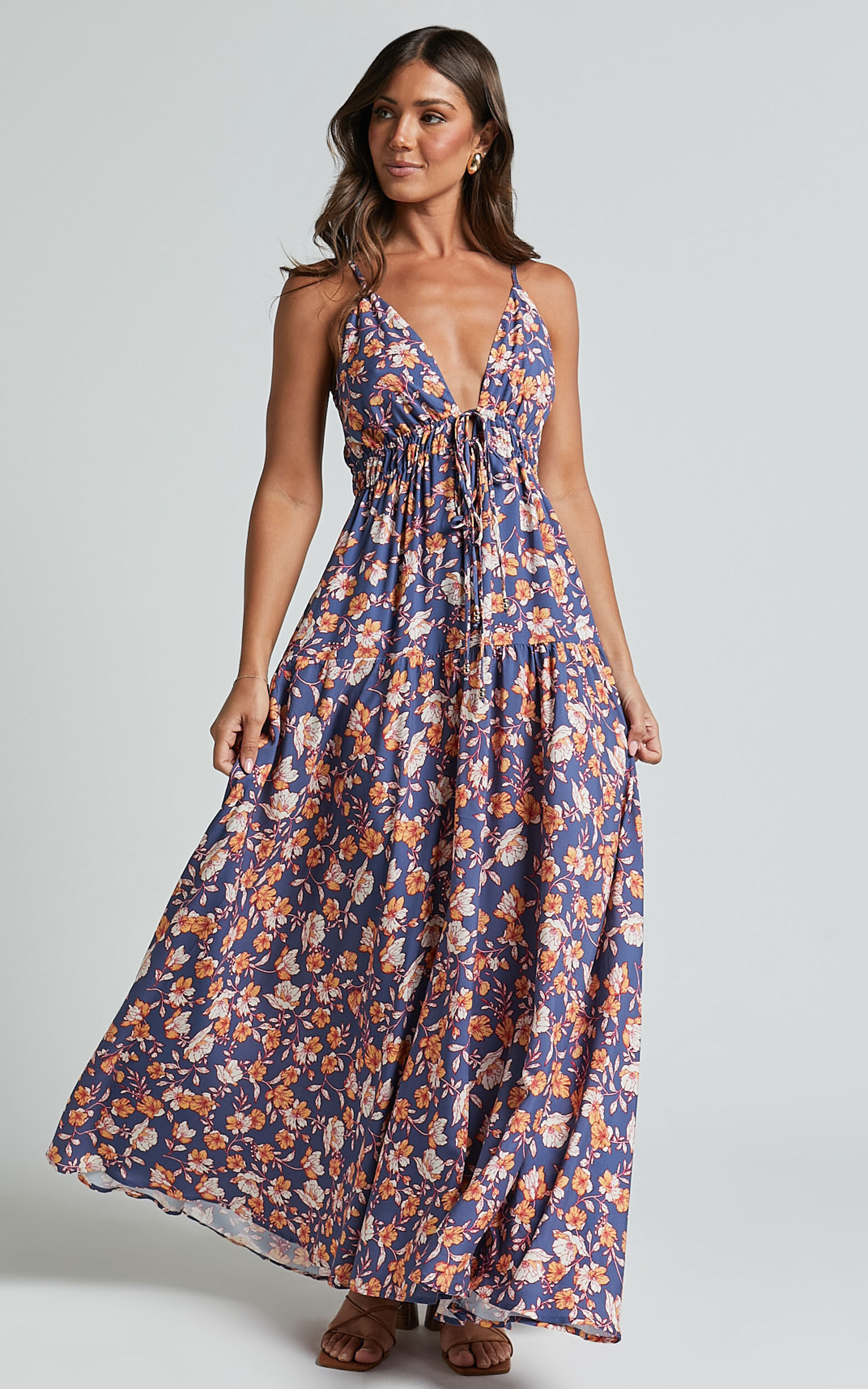 Aelita Maxi Dress Strappy Tie Front Dress in Navy Floral Showpo USA
