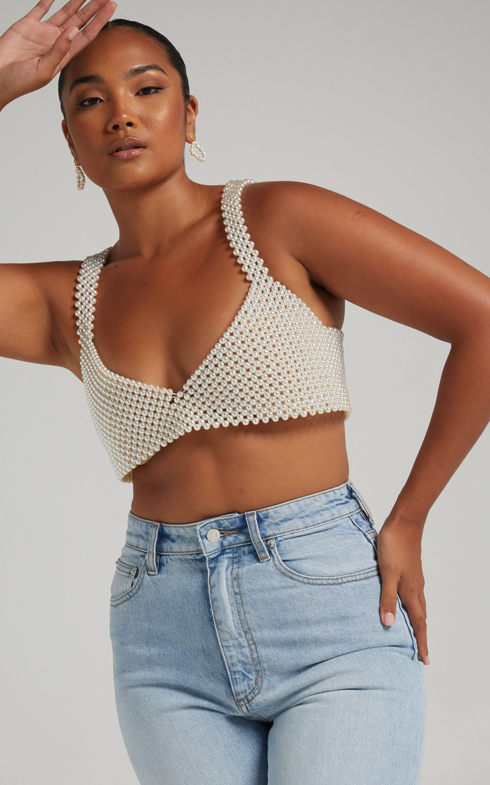 トップス String Tisbury Garden Peggy Top 3Y Peggy Top - V Neck Crop Top in Pearl | Showpo USA