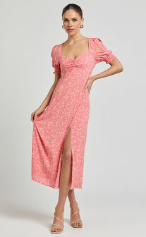 Marcel Midi Dress - Sweetheart Puff Sleeve Thigh Split Dress in Coral