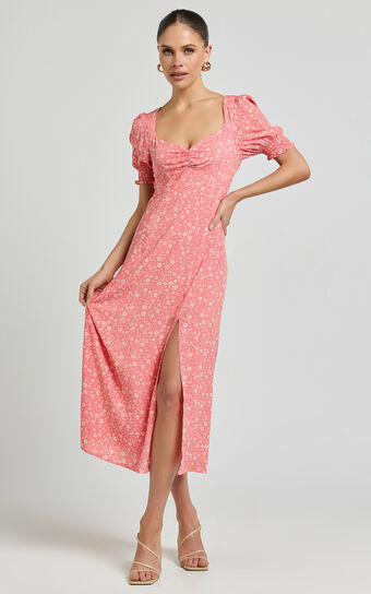 Marcel Midi Dress - Sweetheart Puff Sleeve Thigh Split Dress in Coral