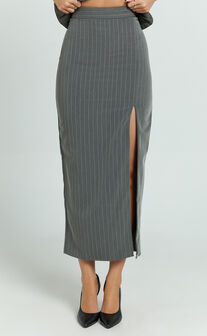 Fiona Midi Skirt - Pinstripe Bodycon Side Leg Split Workwear Skirt in Dark Grey
