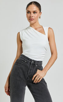 Inessa Top - Sleeveless Asymmetrical Neck Top in Off White