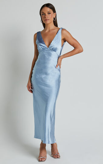 Brienne Midi Dress - Plunge Cowl Back Satin Dress in Blue