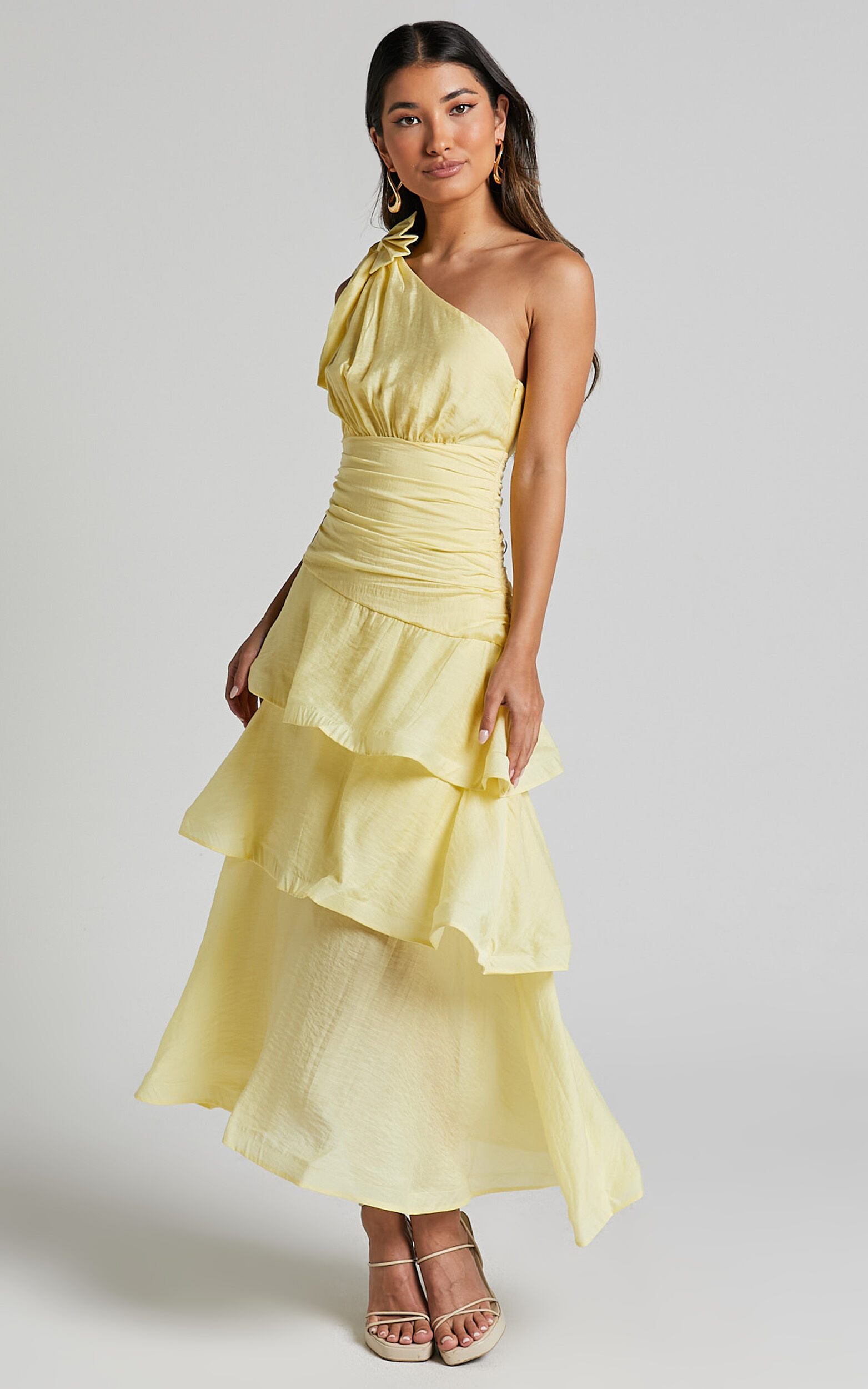 Eugenia Midi Dress - One Shoulder Fit and Flare Layered Dress in Yellow ...