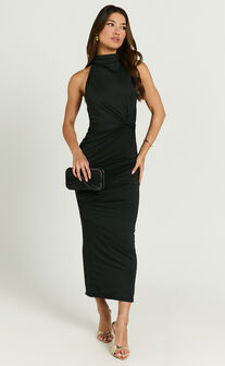 Olenna Midi Dress - Halter Neck Twist Detail Tie Back Dress in Black