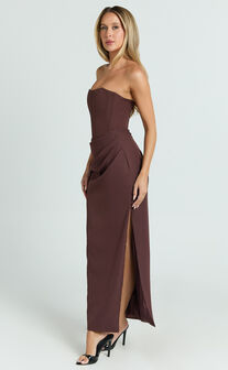 Avery Midi Dress - Strapless Draped Side Split Dress in Chocolate