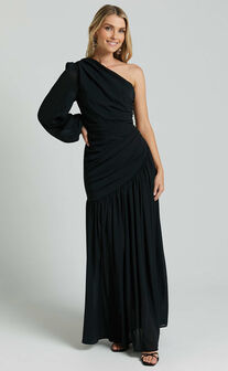 Grittah Midi Dress - One Shoulder Bishop Sleeve High Split Ruched Dress in Black