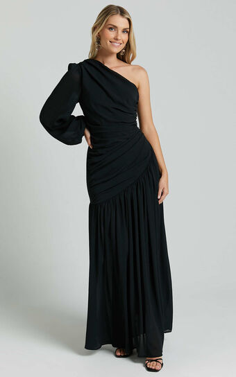 Grittah Midi Dress - One Shoulder Bishop Sleeve High Split Ruched Dress in Black