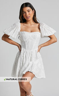 Esthela Mini Dress - Embroidered Square Neck Short Puff Sleeve Corset in White Floral