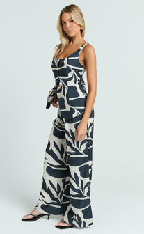 Gail Two Piece Set - Abstract Mono Print Button Down Vest and Wide Leg Pants Set in Multi