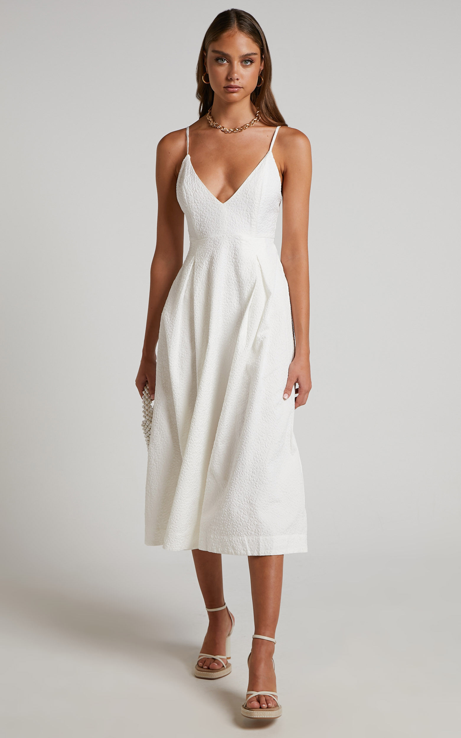 White floral plunge midi dress outlet