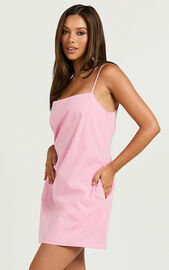 Mavie Mini Linen Dress - Linen Strappy Shift Dress in Pink Gingham | Showpo