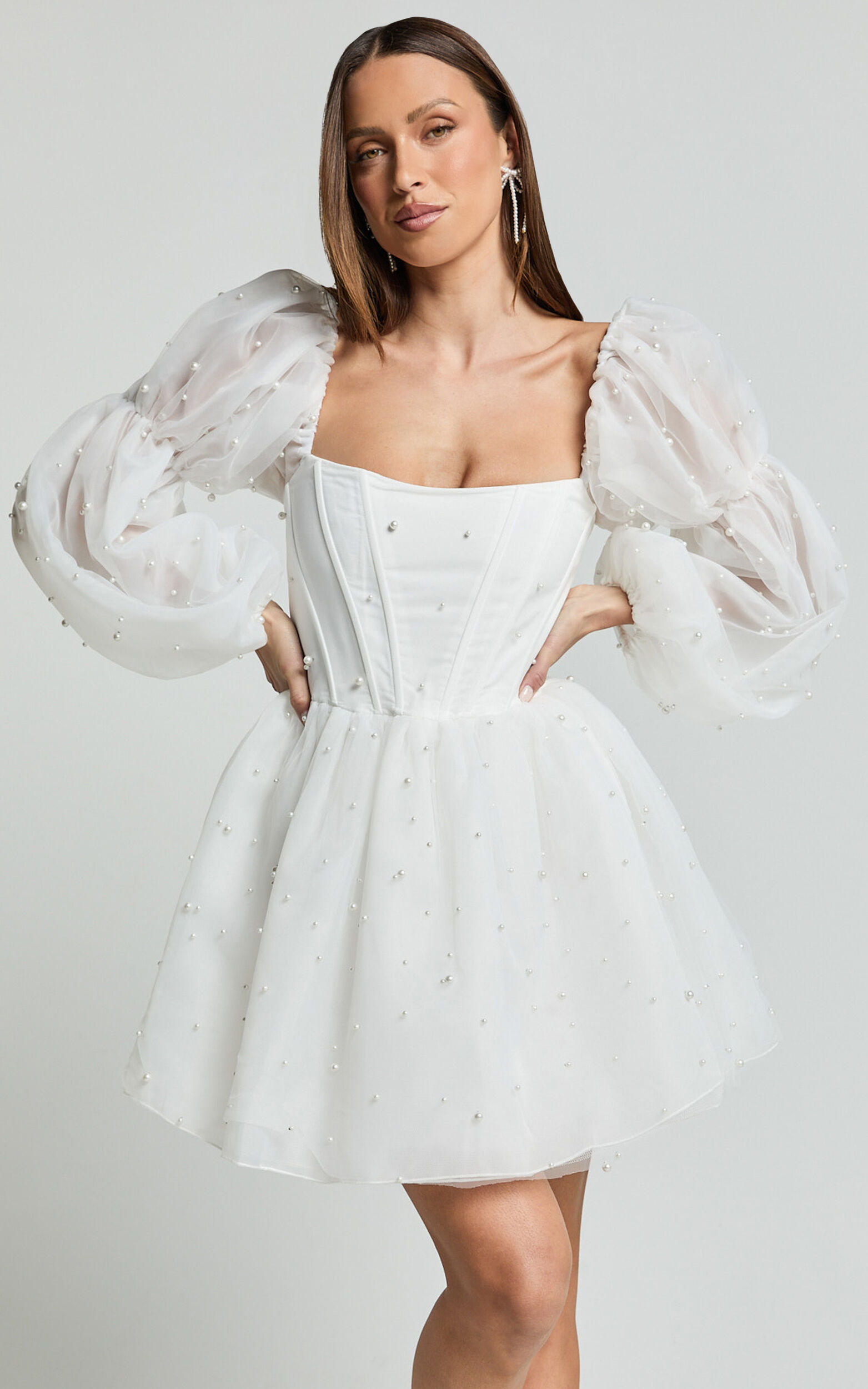 Ingrid Mini Dress - Long Puff Sleeve Pearl Detail Dress in White - 06, WHT1