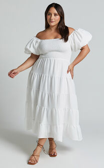 Maxima Midi Dress - Puff Sleeve Shirred Bodice Tiered Dress in White