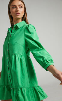 Maulee Mini Dress - Frill Hem Shirt Dress in Green