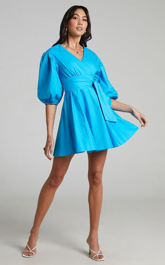 Zyla Mini Dress - Puff Sleeve Wrap Dress in Blue