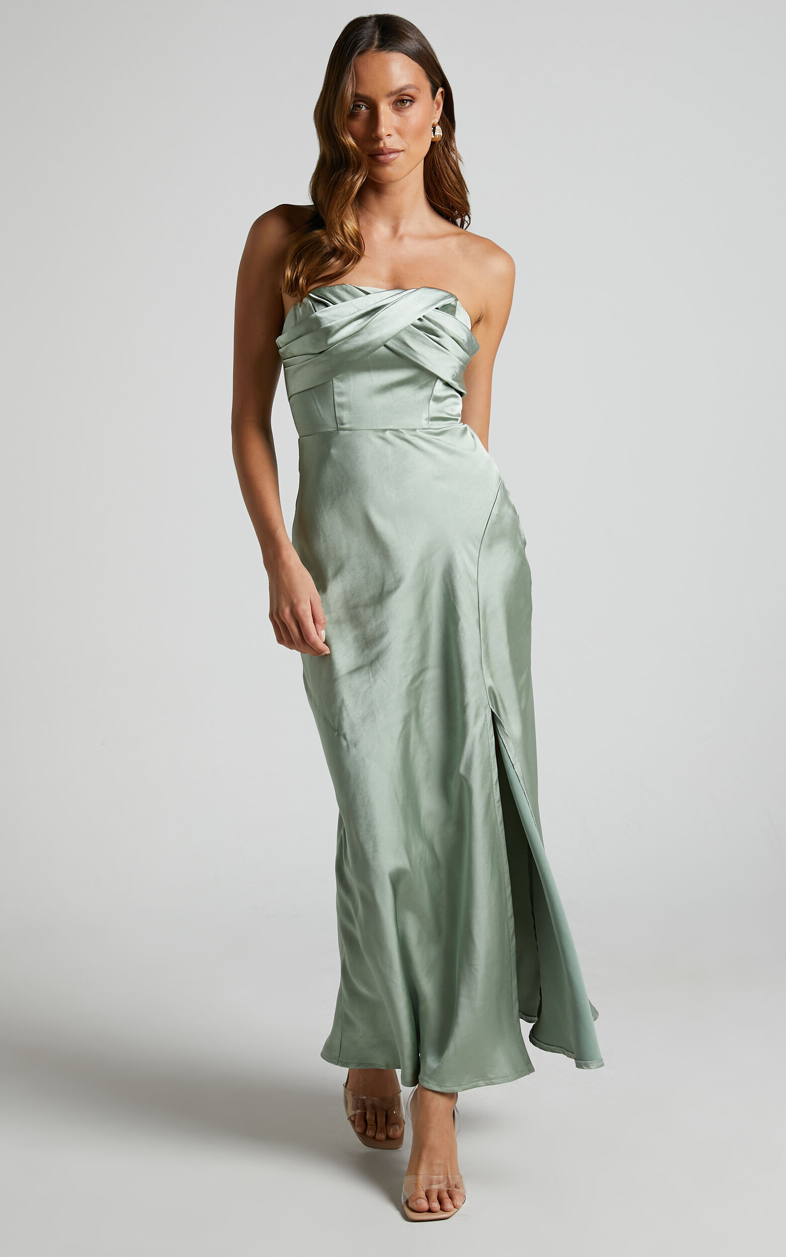 Karriel Maxi Dress - Strapless Satin Maxi Dress in Sage Green | Showpo USA