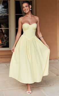 Daria Midi Dress - Strapless Corset Gathered Dress in Lemon