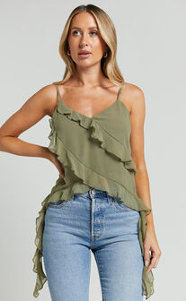 Carlyn Top - V Neck Frill Detail Cami in Olive