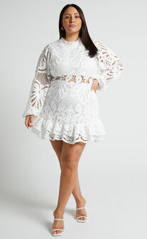 Kiss Me Now Mini Dress - Long Puff Sleeve Dress in White Lace