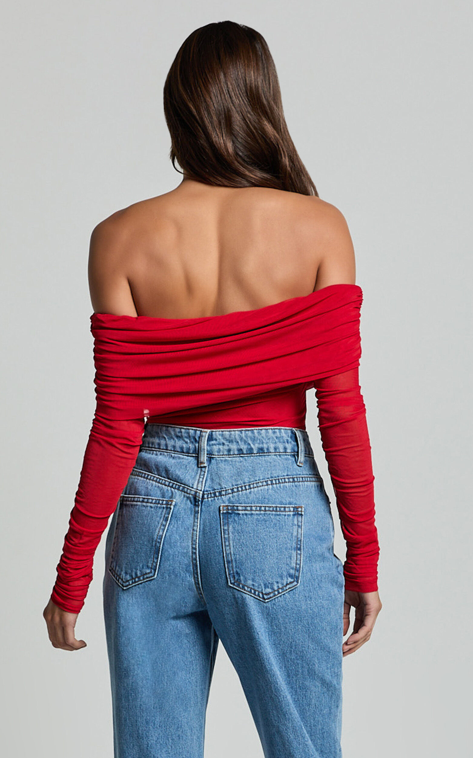 Jaythen Bodysuit Long Sleeve Off Shoulder Ruched Mesh Bodysuit in Red