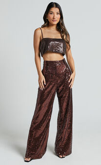 Elswyth Top - Strappy Sequin Crop Cami Top in Chocolate
