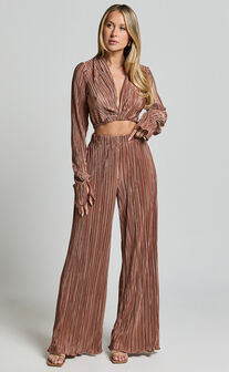 Aluna Two Piece Set - Plisse Twist Front Crop Top and Wide Leg Pants Set in Chocolate