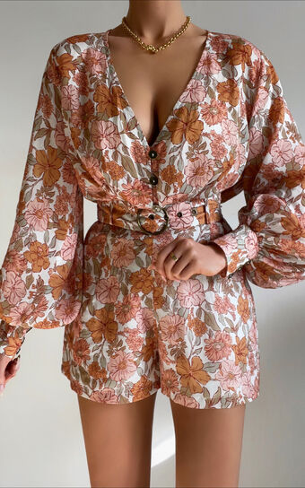 Amalie The Label - Lorete Linen Blend Belted Long Sleeve Playsuit in Wildflower Floral Print