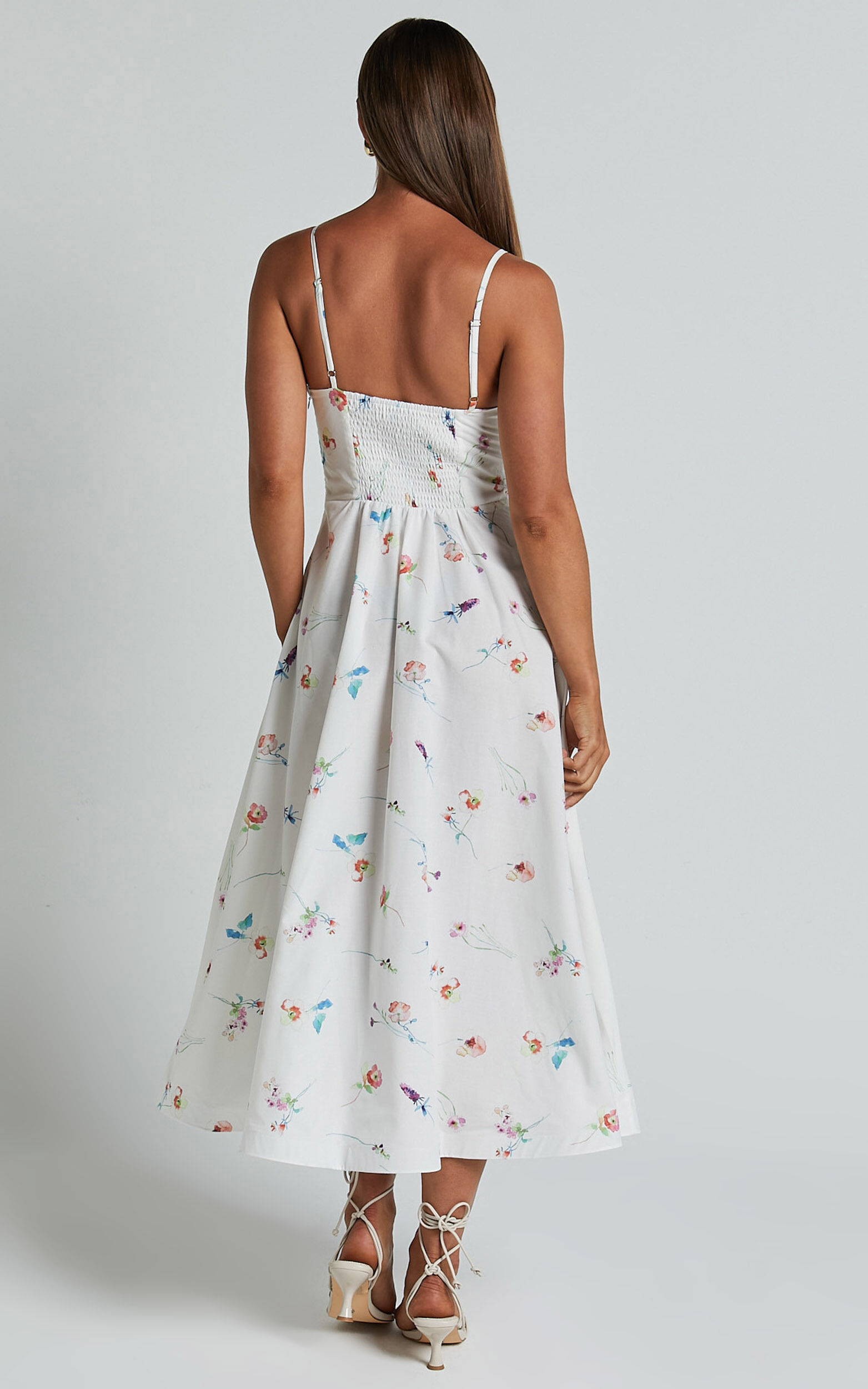 Robertson Midi Dress - Strappy Sweetheart Bustier Flare Dress in Painterly Wild Flower | Showpo USA