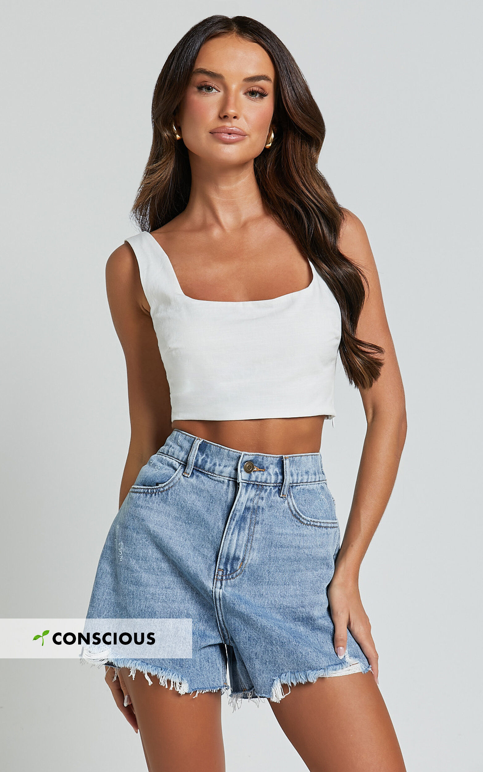 Renee Shorts High Waisted Frayed Hem Denim Shorts in Light Blue Wash Showpo EU