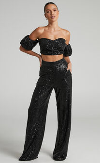 Chezzale Two Piece Set - Sequin Puff Sleeve Top and Wide Leg Pants Set in Black