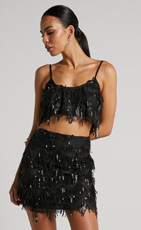 Khrizza Mini Skirt - Sequin Diamond Mesh Skirt in Black