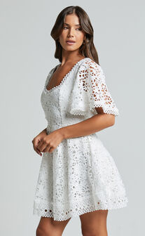 Marisole Mini Dress - A Line Flutter Sleeve Lace Dress in White