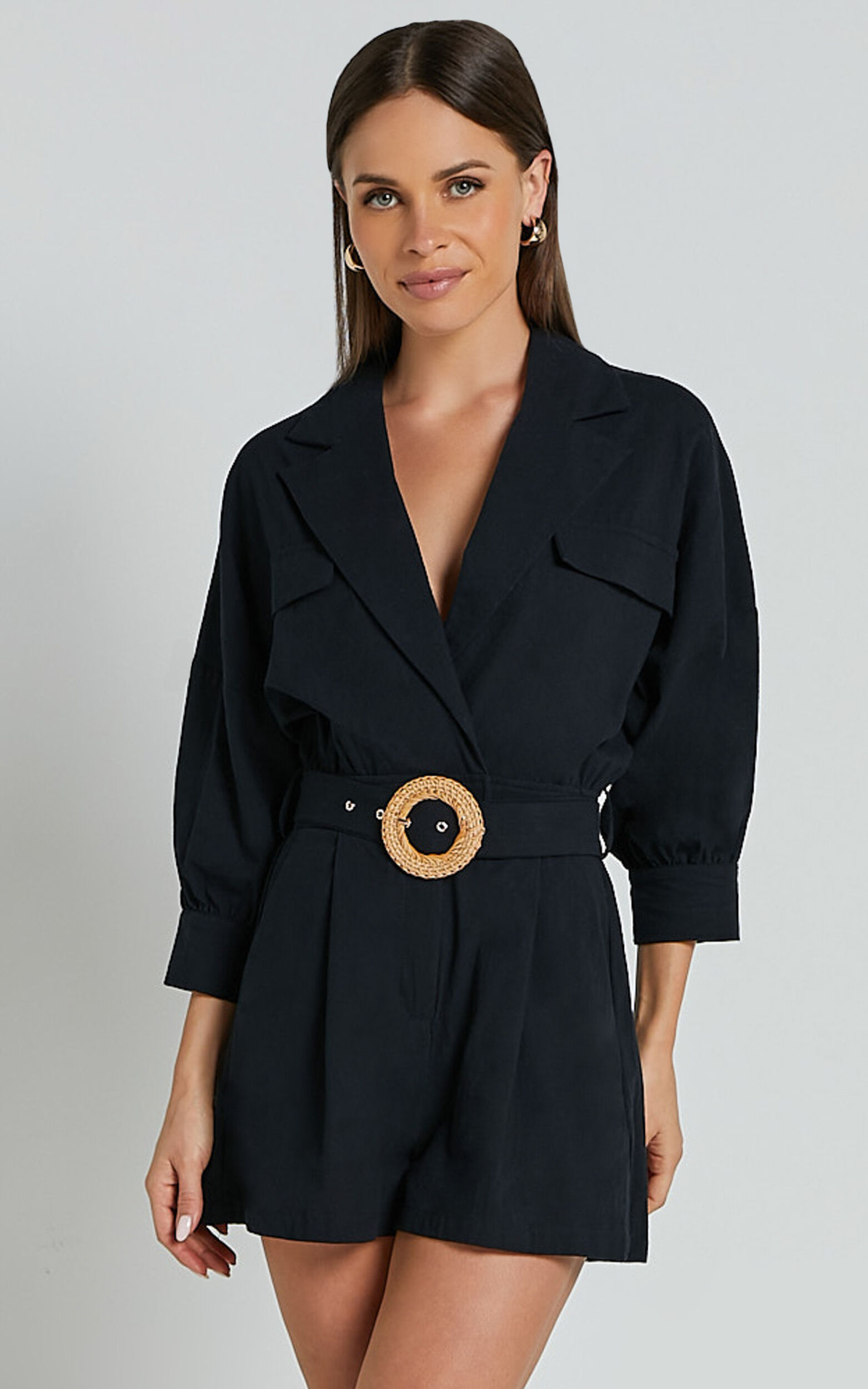 Deacon Playsuit - Collared 3/4 Sleeve Belted Playsuit in Black - 06, BLK1
