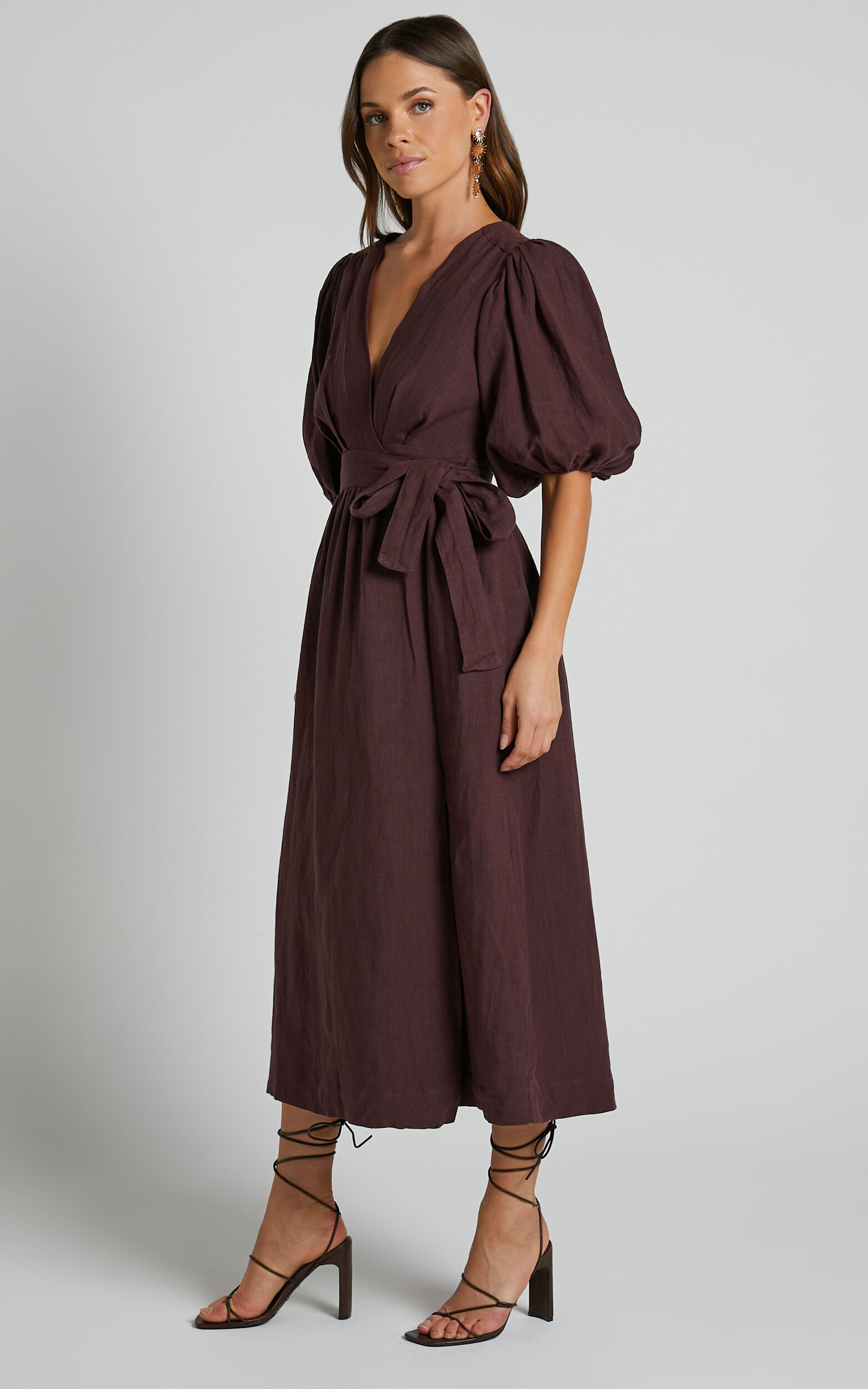 Amalie The Label Franc Linen Puff Sleeve Wrap Midi Dress in Dark
