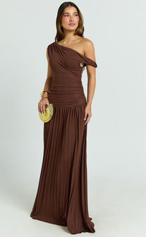 Yvonne Maxi Dress - Jersey Tip Shoulder Ruched Dress in Chocolate