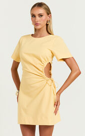 Samira Mini Dress - Ruched Cut Out Linen Look Dress in Lemon | Showpo
